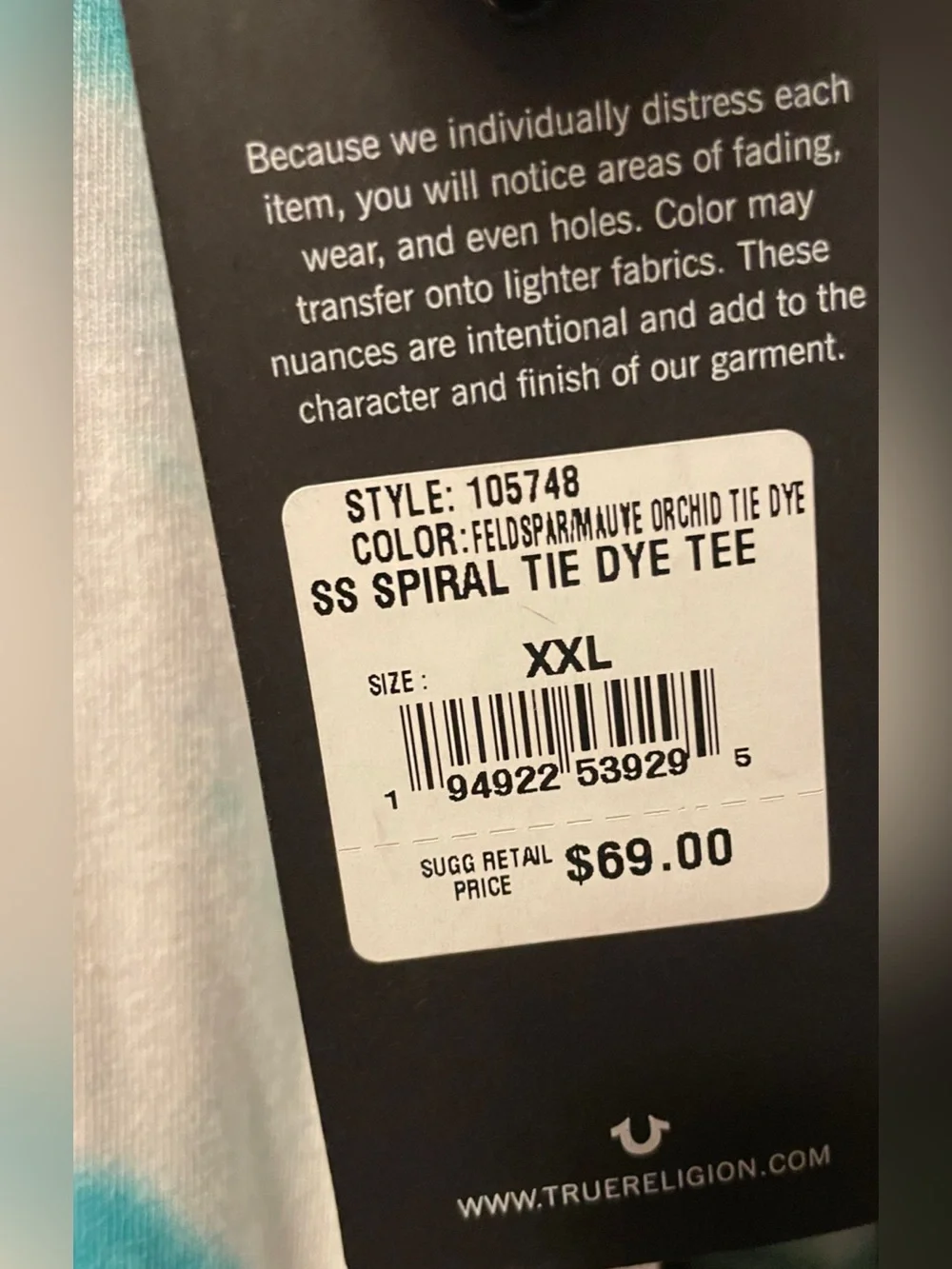True Religion White and Teal Tie-Dye Logo Tee XXL Unisex